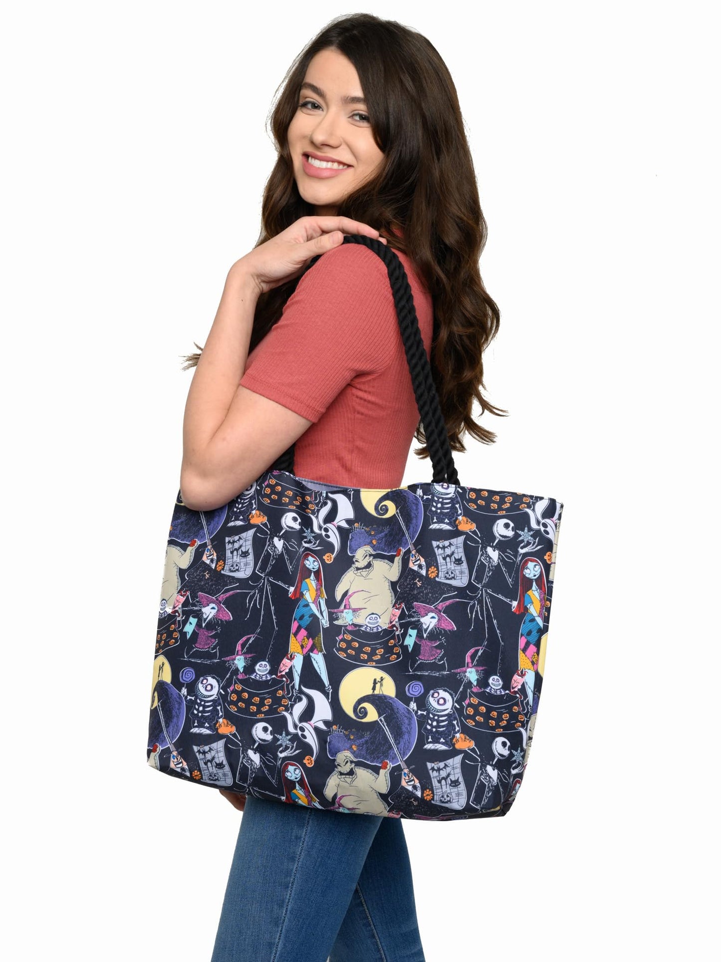 Disney Nightmare Before Christmas Tote, Jack Skellington Sally Zero Print, Large Water-Resistant Canvas Bag, Halloween Town Accessory, Work, Travel Carry-All for Women