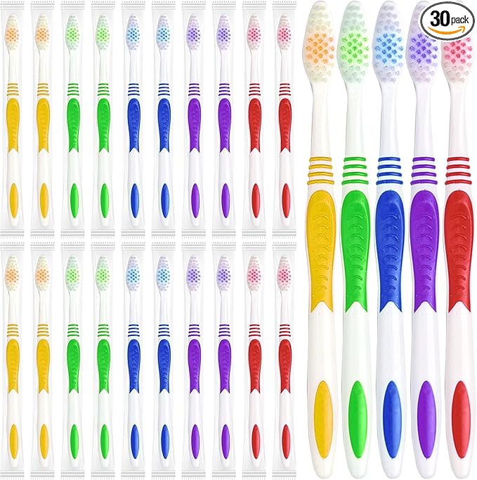 Bulk Toothbrushes 30 Pack Colorful Individually Wrapped Disposable Soft Large Brush Head Ergonomics Handle Oral Set for Adults Kids Travel Hotel OCC Airbnb Dentist (30)