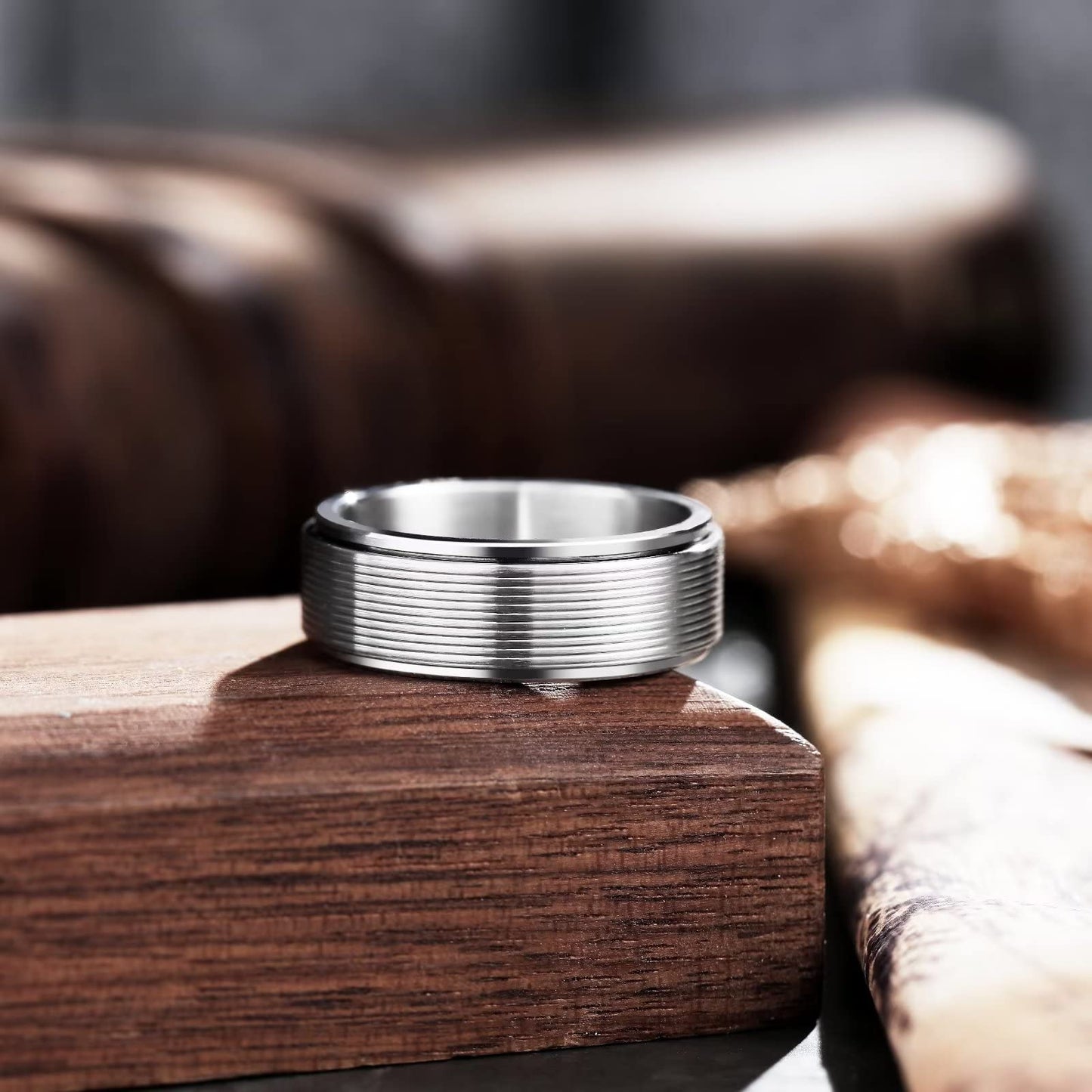 King Will Mens Silver 8mm Groove Spinner Rings Stainless Steel Anxiety Fidget Ring for Women Men Polish Thin Line Groove Wedding Band Fidget Ring Matte Brushed Comfort Fit 14