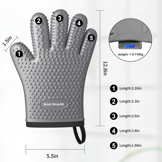 MAD SHARK Silicone Oven Mitts Heat Resistant 450 Degrees,Waterproof & Non-Slip Oven Gloves with Fingers,Cotton Lined Silicone Oven Gloves Kitchen Mitts for Baking Cooking Barbecue,Women,Oven (GREY1)