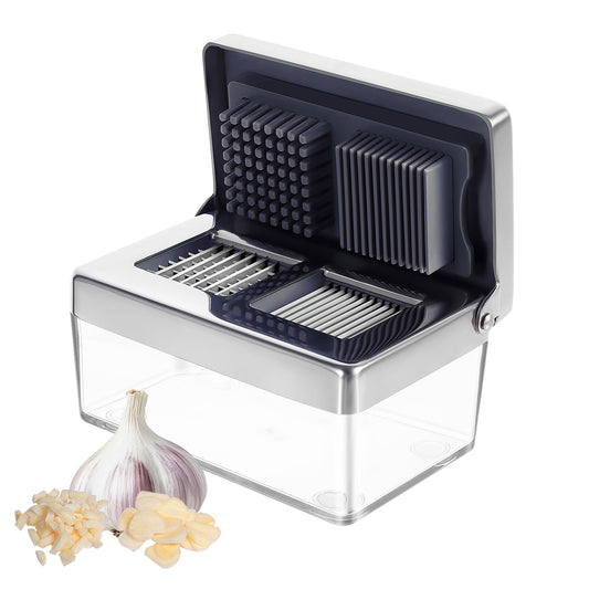 Garlic Press Stainless Steel, Garlic Chopper Mini & Slicer Super Thin 2 in 1, Odor Free Ginger Dicer with Storage Container, Dishwasher Safe Mini Chopper, Premium Mincer with 5 Year Warranty
