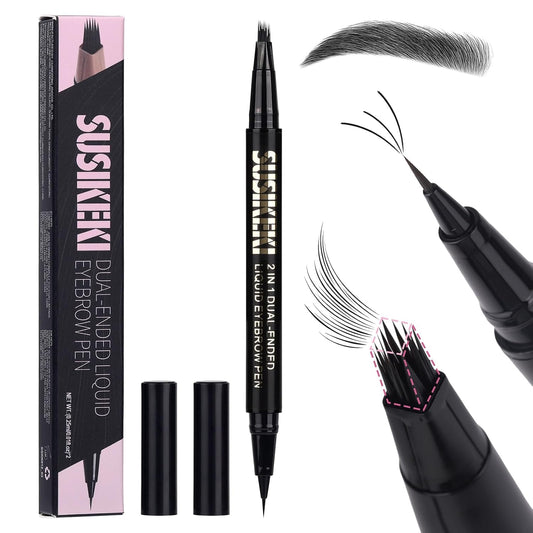 Dual Ended Microblading Eyebrow Pen - 2 in 1 Liquid Eyebrow Pencil with Brow-Fection Angled Brush & Precise Detail Brush-Tip, Shapes & Fills HairLike Looking Brows, Lasts All-Day, Soft Black