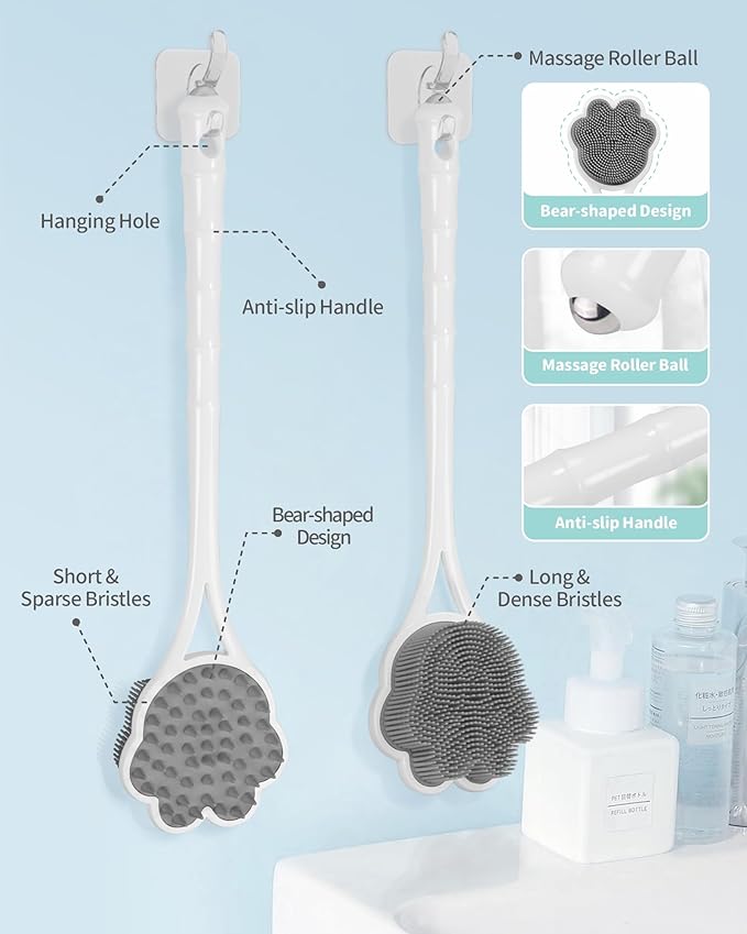 Manmihealth 15.7" Cute Silicone Back Scrubber with Long-Handle, Dual Use Back Brush for Shower with Super-Soft Silicone Bristles, Paw-Shaped Shower Body Scrubber for Sensitive Skin (Gray)