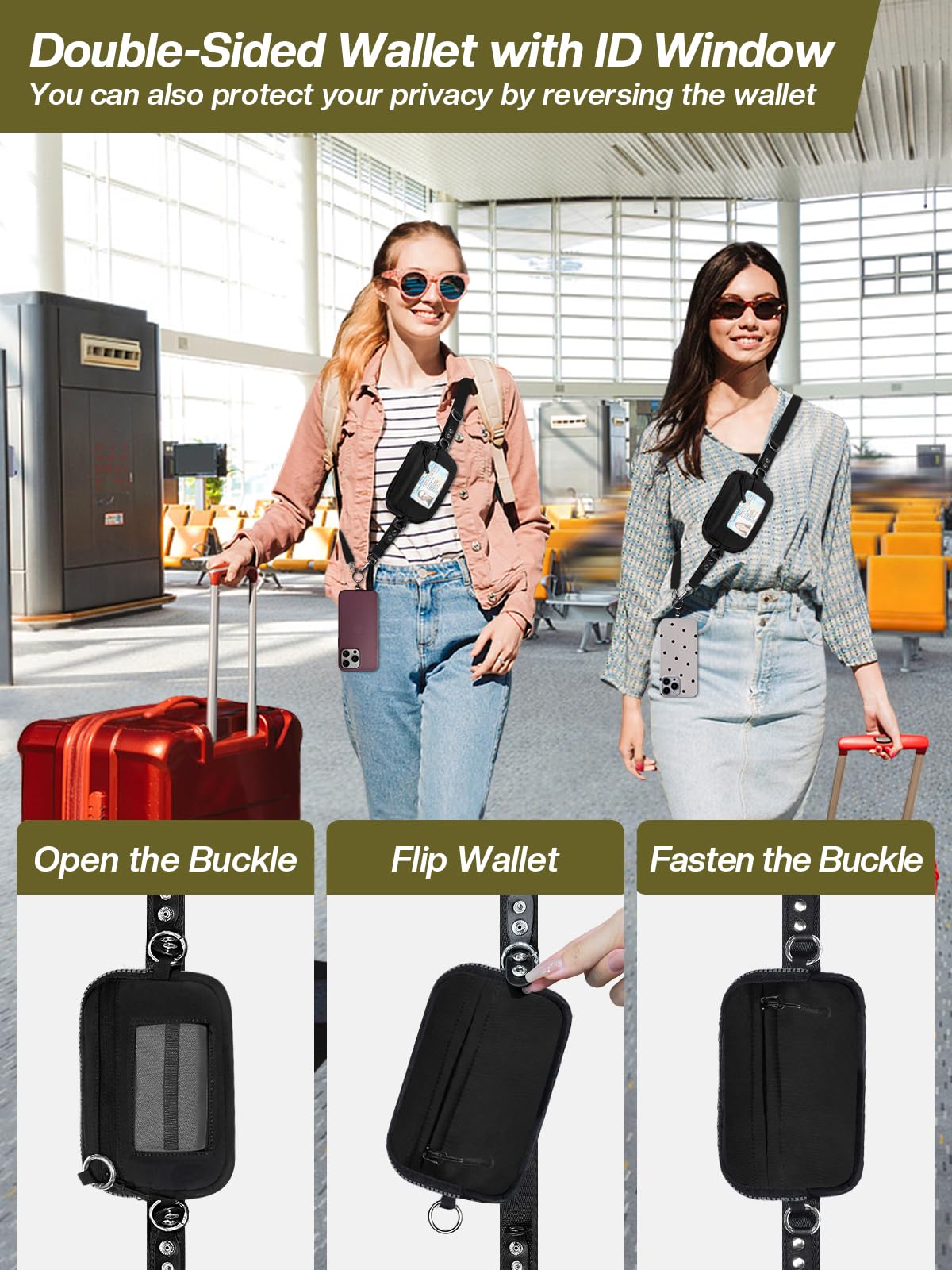 Tiostep Clip and Go Strap for Phone with Wallet Crossbody Phone Lanyard Adjustable and Detachable RFID Wristlet Wallet with ID Window and Zipper, Black