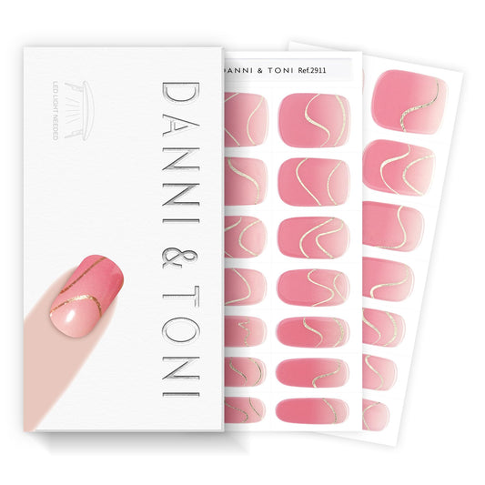 DANNI & TONI Semi Cured Gel Nail Strips Blush Pink Ombré Gold Line Gel Nail Stickers 28 Stickers Gift for Woman | Pink Swirls