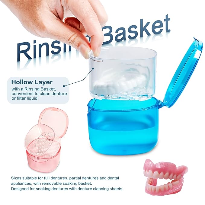 2022 Upgraded Denture Bath Box Cup, Retainer Cleaning Box, Complete Clean Care for Dentures, Denture Case - Second Generation (transparent pink)