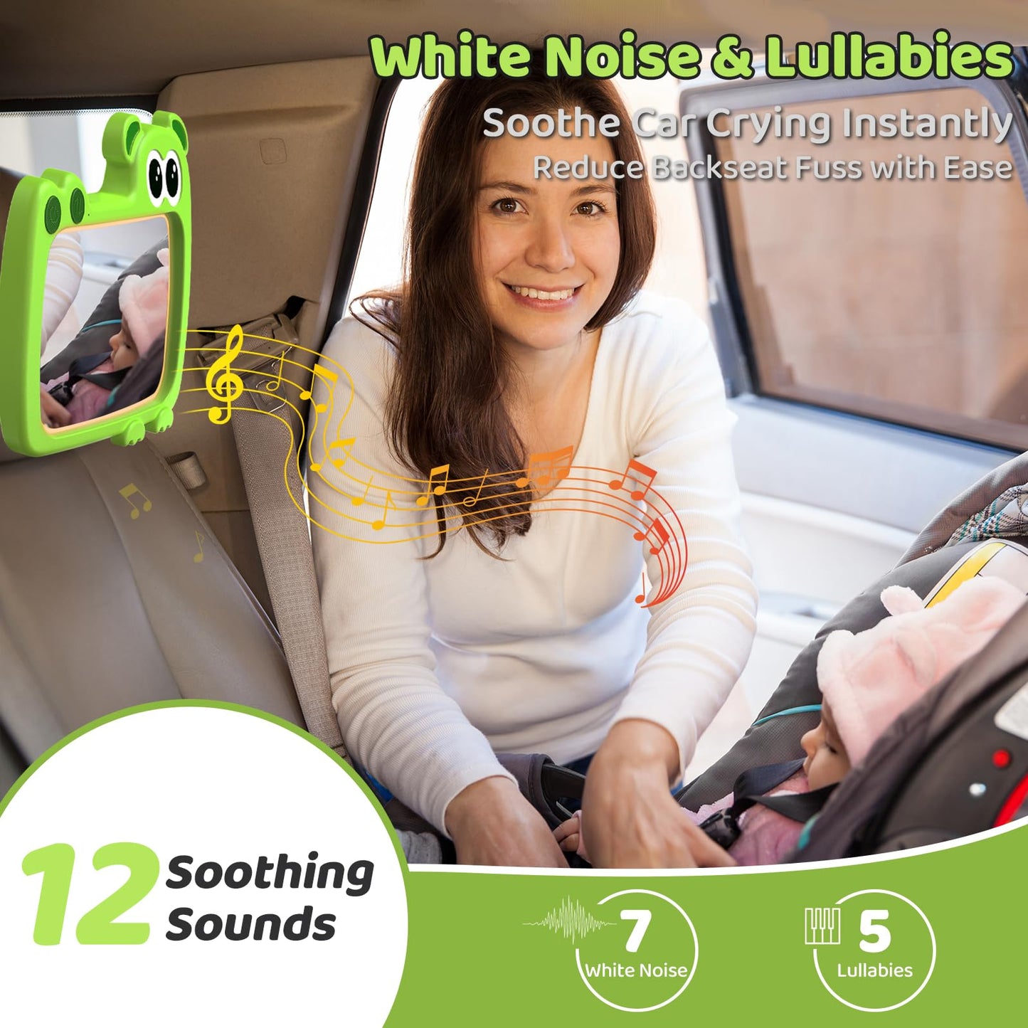 2-in-1 Baby Car Mirror with Lights & Soft Sounds, Cry Detector, Clear Night View, 360° Rotation, Shatterproof, Rear Facing Baby Car Seat Mirror with Remote Control, Perfect Baby Shower Gifts (Green)