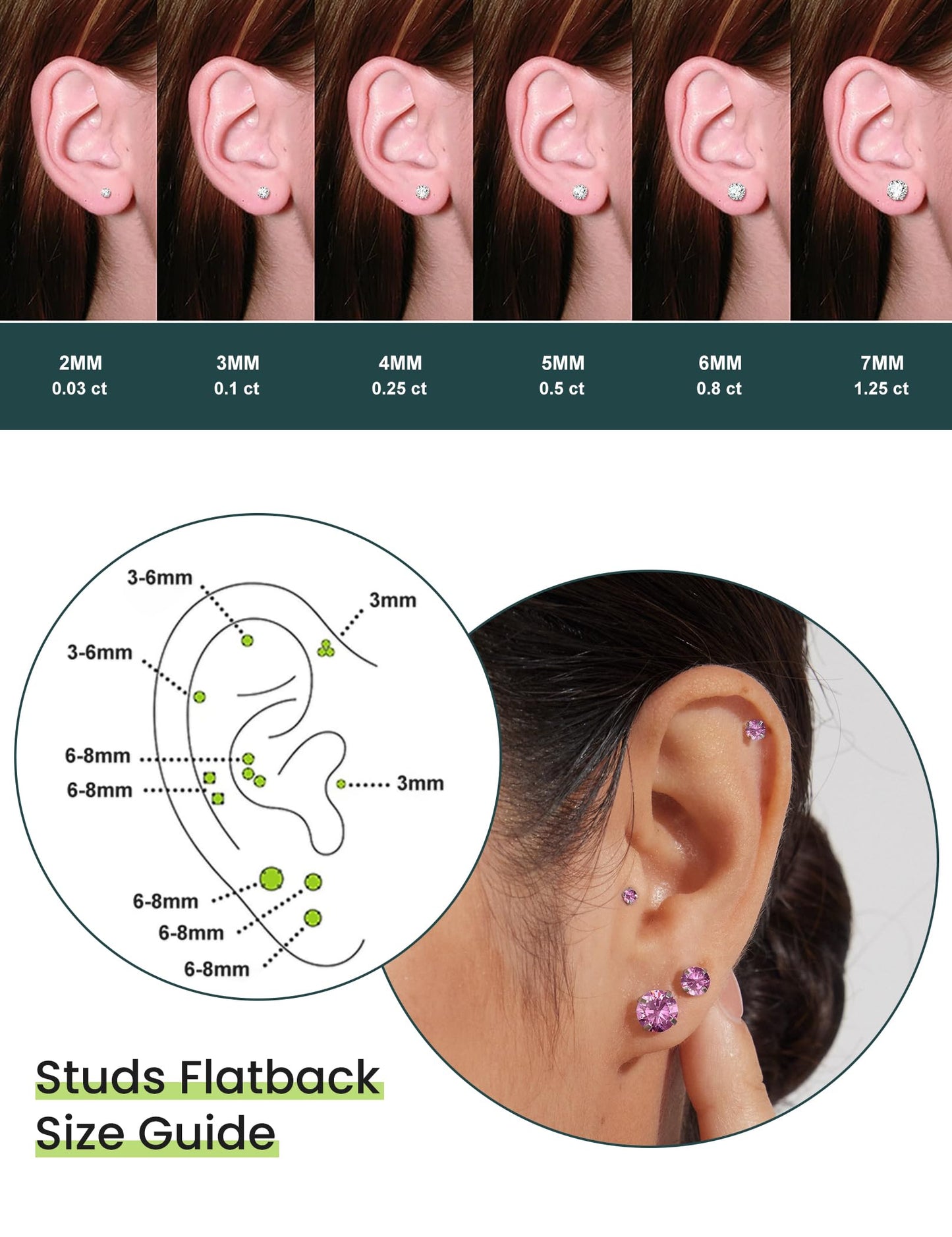 6 Pairs Hypoallergenic Cubic Zirconia Earrings Surgical Steel Flat Back Studs for Cartilage, Screw Back Fashion Jewelry