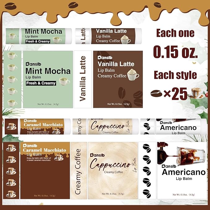 50 Pack Christmas Coffee Flavor Lip Balms Favors Bulk Coffee Lovers Gifts Cocoa Bar Party Favors Vanilla Latte Christmas Party Gifts Stocking Basket Stuffers for Women Men