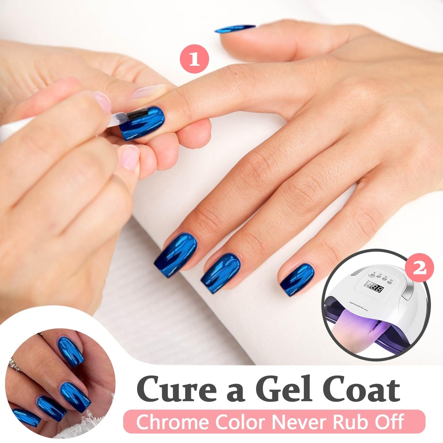 KQueenest Royal Blue Chrome Press on Nails Short Medium Square Metallic Fake Nails Glitter Glue on Nails Short Medium Mirror False Acrylic Nails Press Ons Natural Stick on Nails for Women 24 Pcs