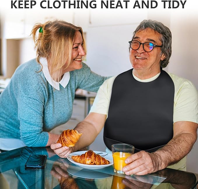 Adult Bibs for Men, Women - Silicone Adult Bibs for Elderly - Washable Bib with Crumb Catcher - Black, 2 Pack