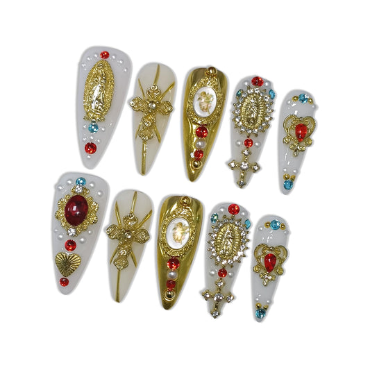 Hantyer White Press on Nails with 3D Carving Flowers, Gold Madonna & Cross Charms, Long Stiletto Glossy Iced Baroque Fake Nails, Reusable Religious Vintage False Nails for Women Wedding Opera (Size L)