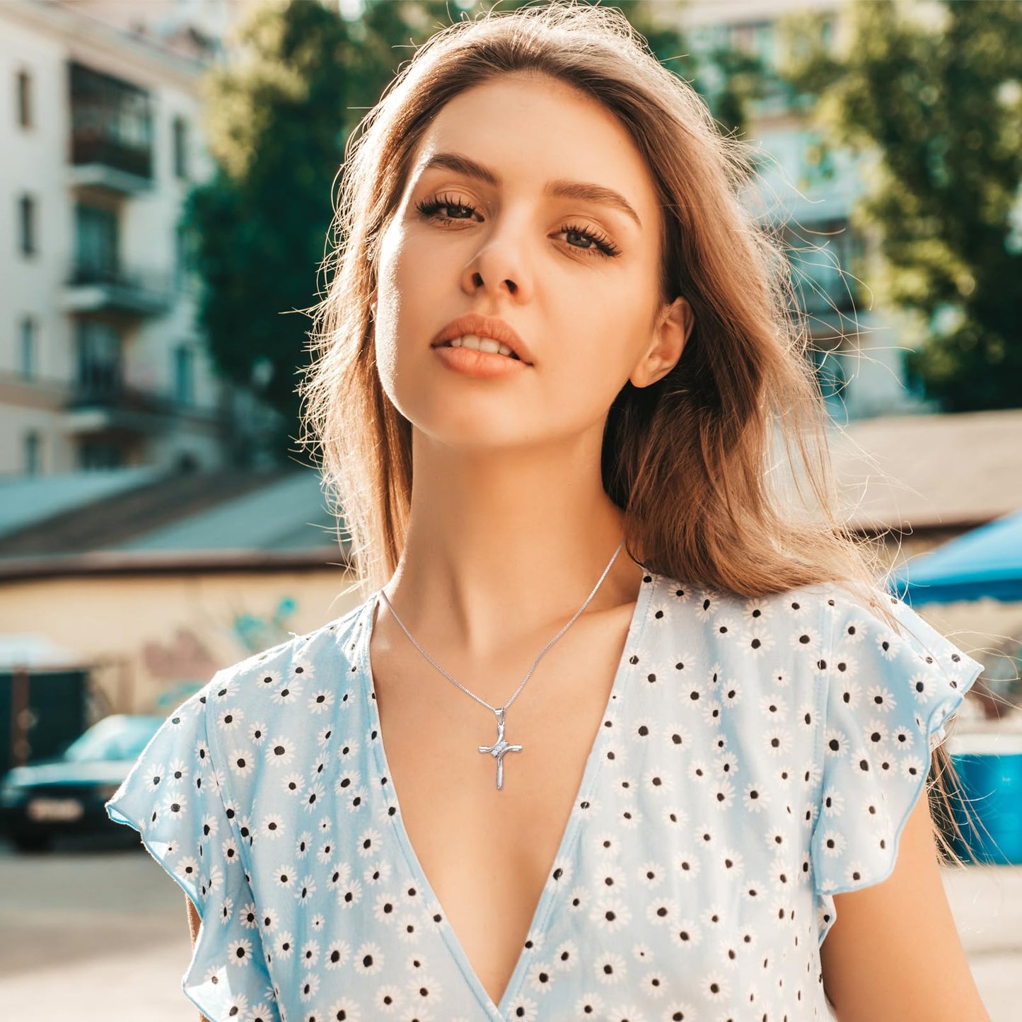 EVERU 925 Sterling Silver Cross Necklace for Women March Birthstone Necklace with Cubic Zirconia Aquamarine Cross Pendant Blue Jewelry Ideal Gift