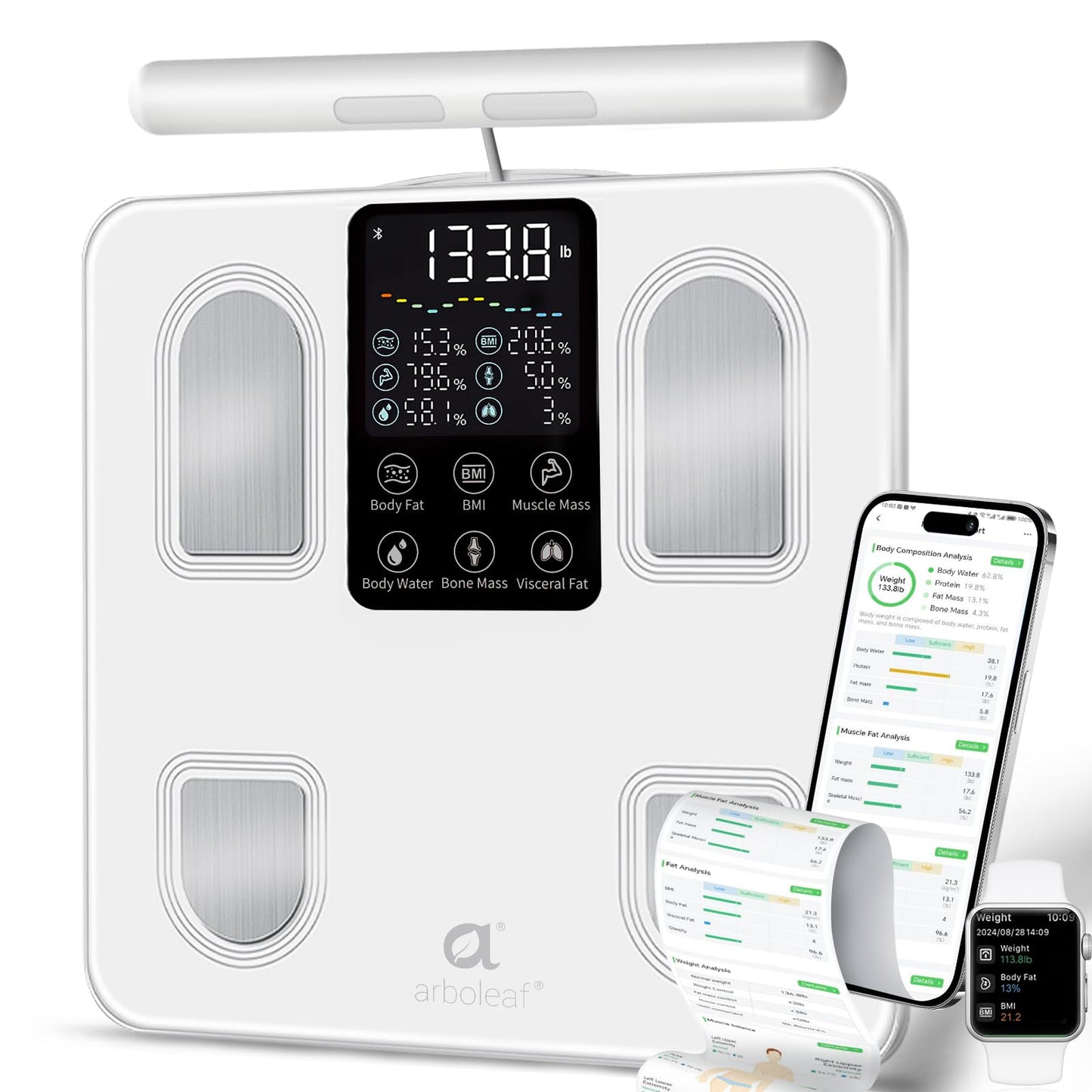 arboleaf Scale for Body Weight, Smart Scale with BMI, Body Fat, Muscle Mass, Upgrade 50+ Metrics Full Body Composition Analyzer, 8-Electrode High Precision Digital Bathroom Scale, Bluetooth Sync
