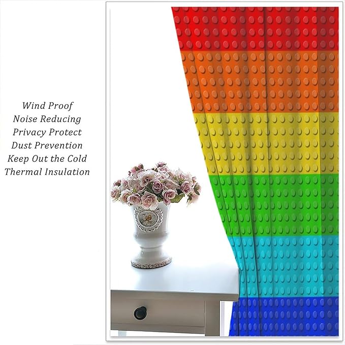Colorful Building Block Toy Curtain Rod Pocket Children's Nursery Rainbow Contour Plastic Toy Brick Geometric Print Pattern Curtain Boys Girls Bedroom Playroom 2 Panels 63x72in