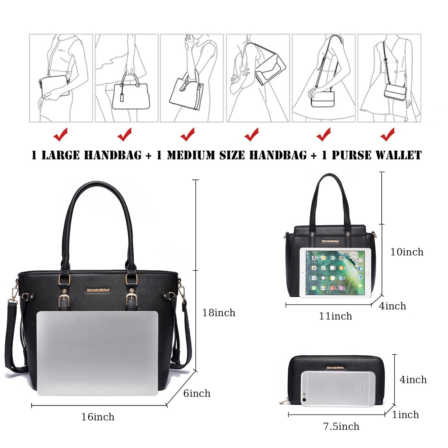 Montana West 3PCS Purses for Women Tote Bag and Wallet Set Shoulder Satchel Crossbody Bags Leather Handbag for Gift Travel Casual Work MWC3-C032WBK