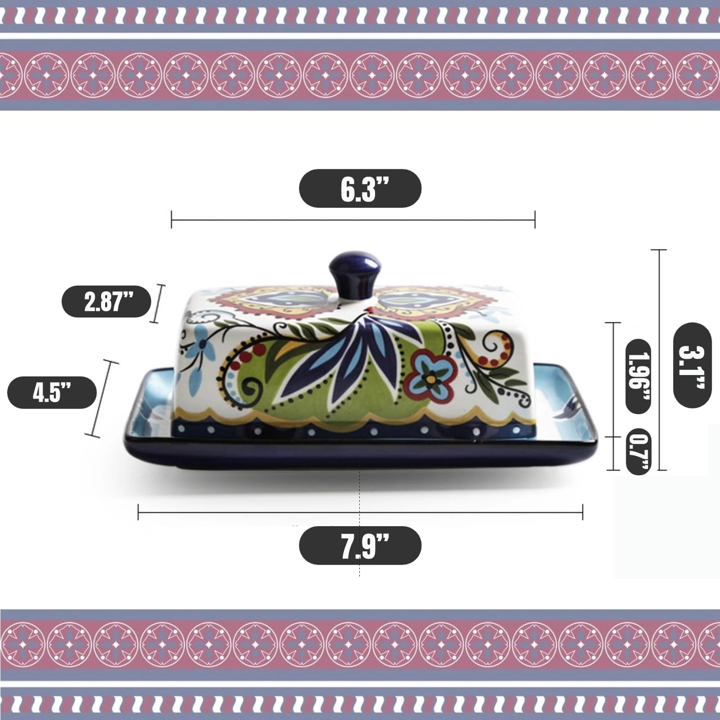 Ceramic Butter Dish with Lid Bohemia Hand Drawn Butter Plate Tray with Cover for Cheese Vintage Cheese Container Holder European-Style Butter Keeper for Home Kitchen 7.9 x 4.5 x 3.1 Inches (1)