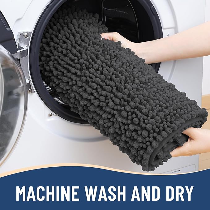 Arotive Luxury Chenille Bathroom Rug Mat, Extra Soft Thick Absorbent Shaggy Bath Rugs, Non-Slip Machine Wash Dry, Plush Bath Mats for Bathroom, Shower and Tub, 60x24, Dark Grey