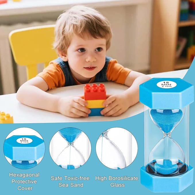 Hourglass Sand Timer 15 Minute, Unbreakabl Sand Clock 15 Min, Reloj De Arena 15 Minutos, Colorful Hour Glass Sandglass for Classroom Game Kitchen (Blue)