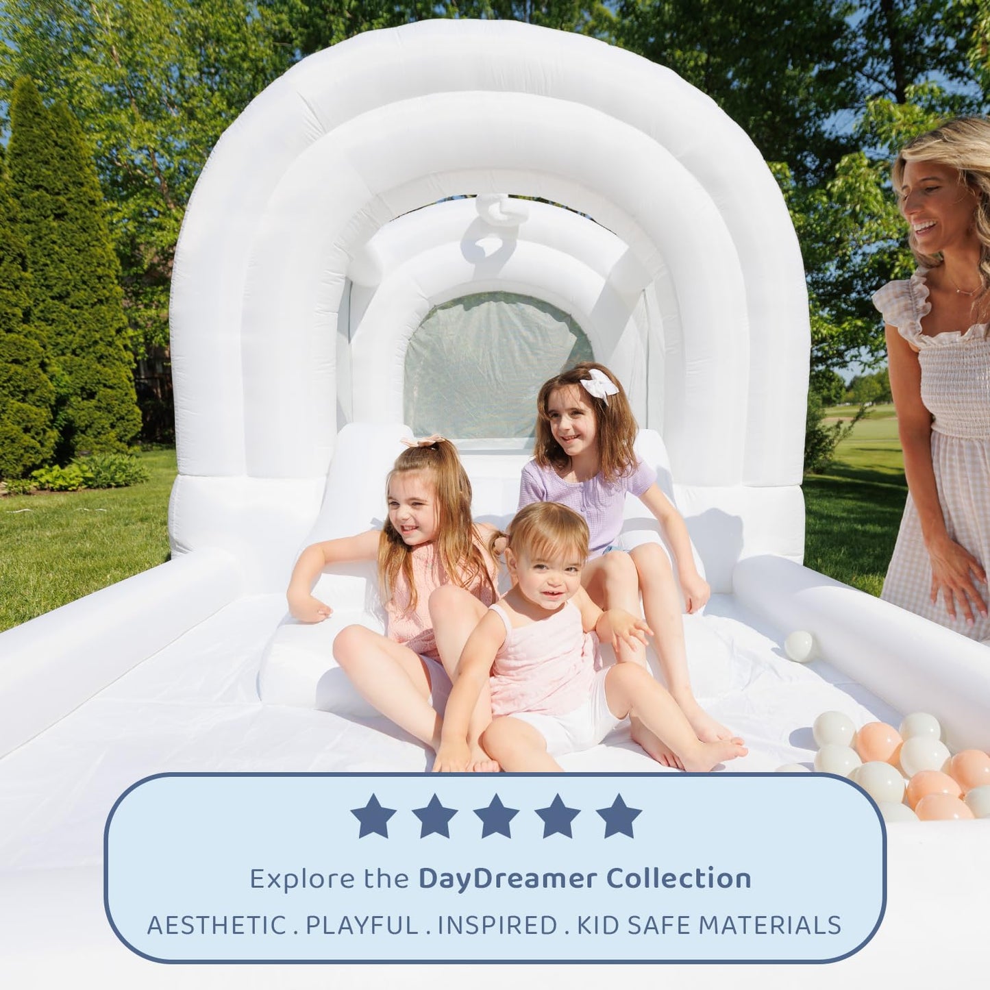 Bounceland Daydreamer Cloud Bounce House w/Ball Pit, Neutral Bouncer with Slide, 11.8 ft L x 6.9 ft W x 5.9 ft H, UL Blower Included, Basketball Hoop, 30 Pastel Plastic Balls, Trendy Bouncer for Kids