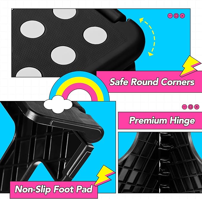 Delxo Folding Step Stool 11 Inch 2 Pack, Black Non-Slip Foldable Stools for Kids & Adults Up to 300 LBS, Step Stool with Handle, Lightweight for Kitchen/Bathroom/Bedroom/Garden