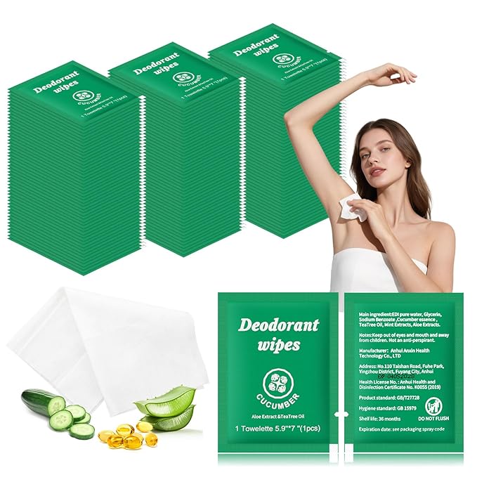 Travel Deodorant Wipes Individually Wrapped,Body Wipes to Clean Skin for Women Men（Cucumber,pack of 200)