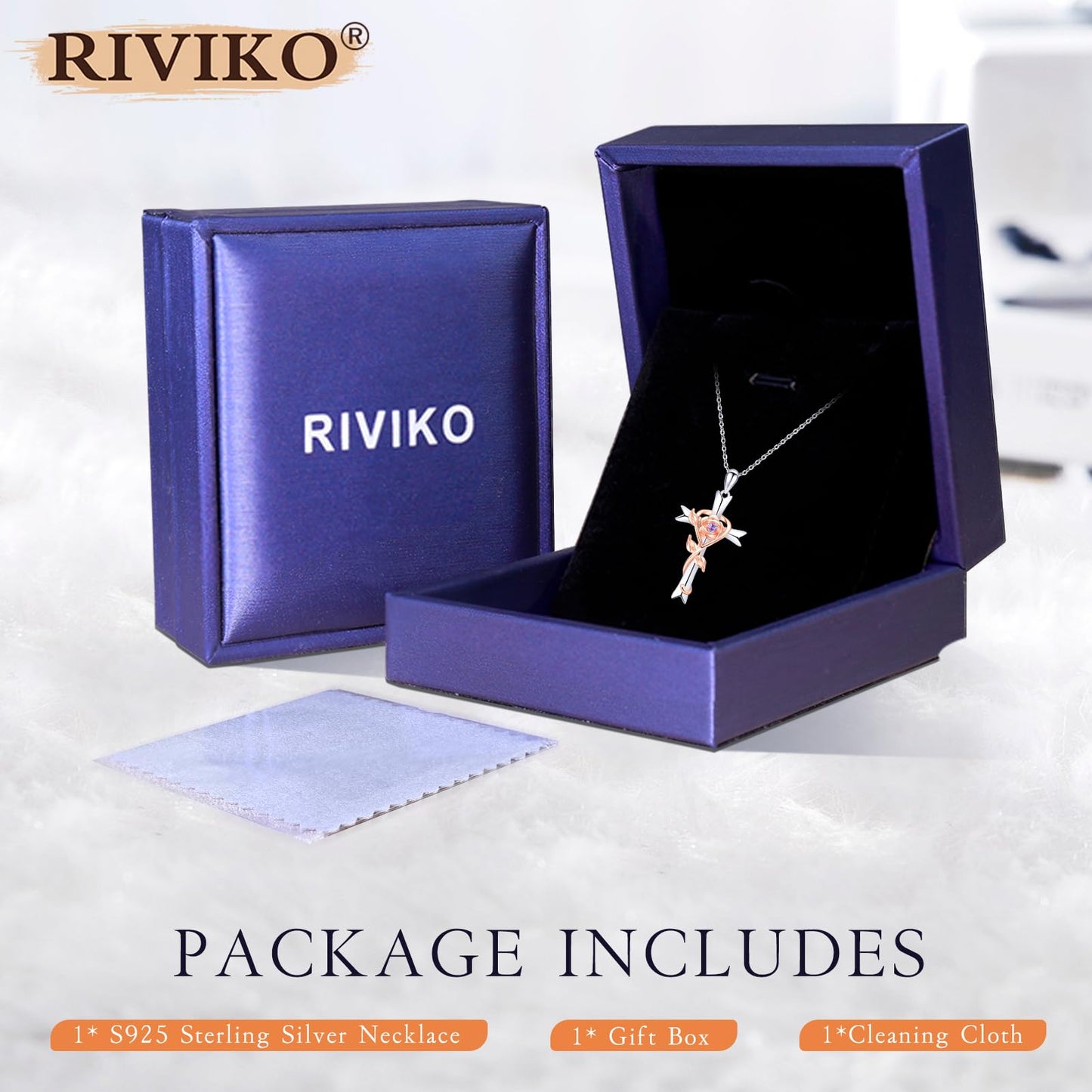 RIVIKO 925 Sterling Silver Cross Feb Birthstone Necklace for Women Cross Rose Pendant Necklaces Trendy Anniversary Jewelry Birthday Gift for Women Her Wife Girlfriends Daughter