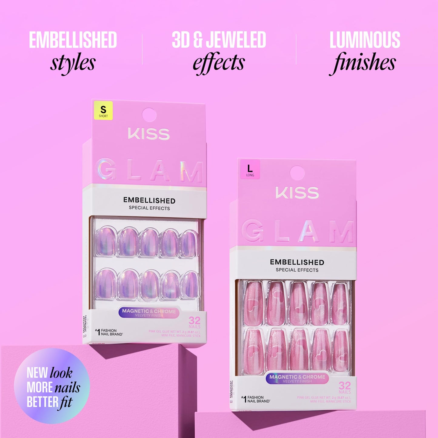 Kiss Glam, Press On Nails, Nail glue included, 'Fairy Tale', Pink, Medium Size, Almond Shape, Includes 32 Nails, 2g Glue, 1 Manicure Stick, 1 Mini File
