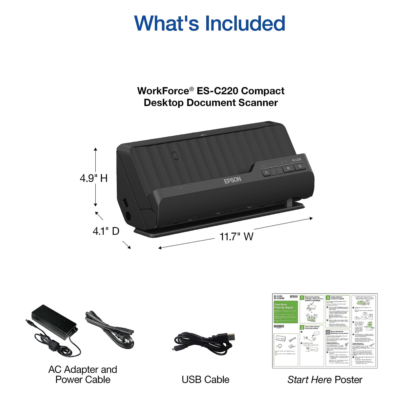 Epson Workforce ES-C220 Compact Desktop Document Scanner with 2-Sided Scanning and Auto Feeder (ADF) for PC as Well as Mac