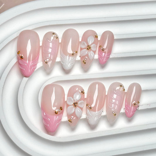 CTTHNBD Medium Press on Nails Almond - Handmade Fake Nails with Flower Design - Spring, French Tip False Nails - for Women (Size M)
