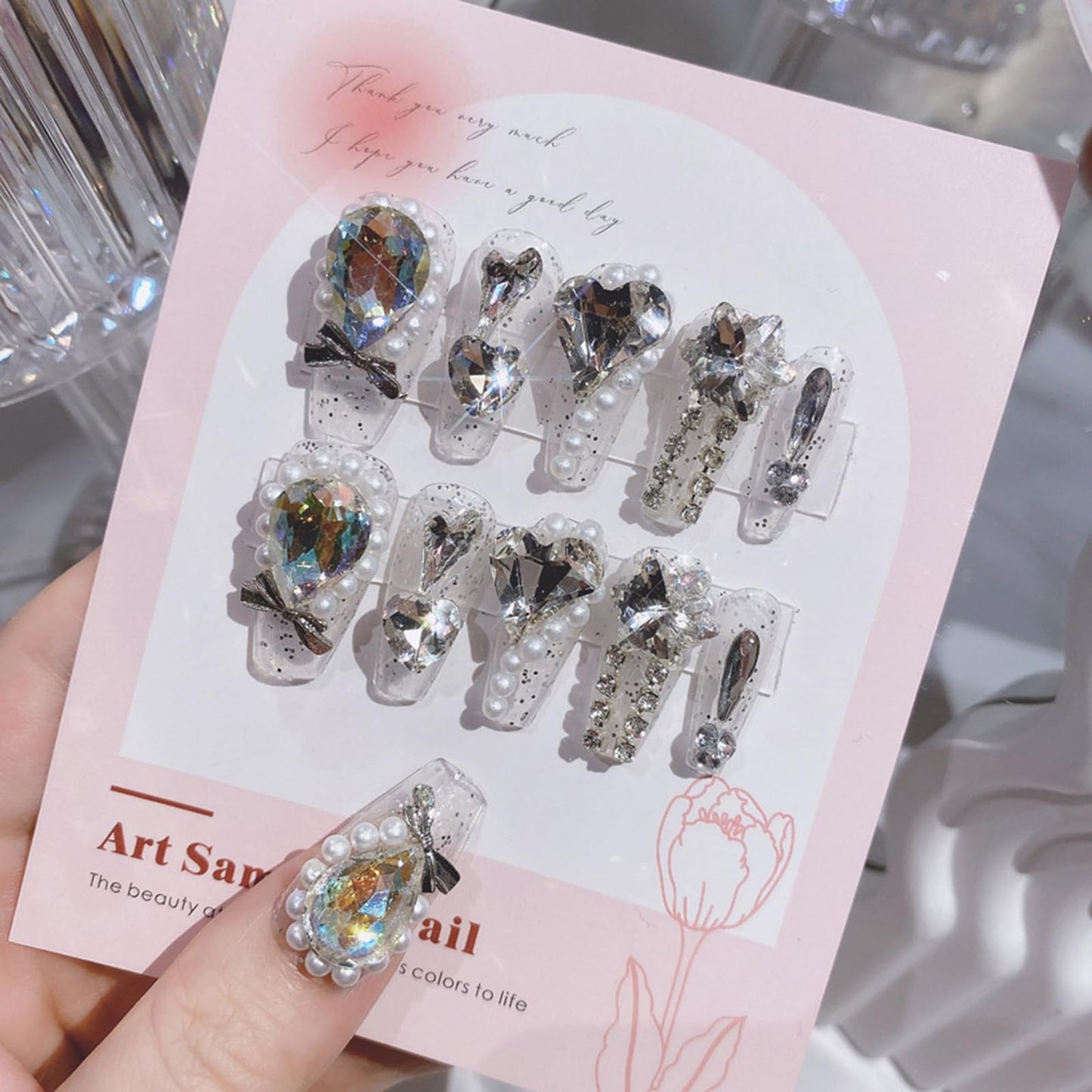 SINHOT Luxury Press on Nails - Long Coffin Fake Nails 3D Handmade Hearts & Pearls Reusable False Nails with Rhinestone Designs,DIY Artificial Nail Art, 24pcs