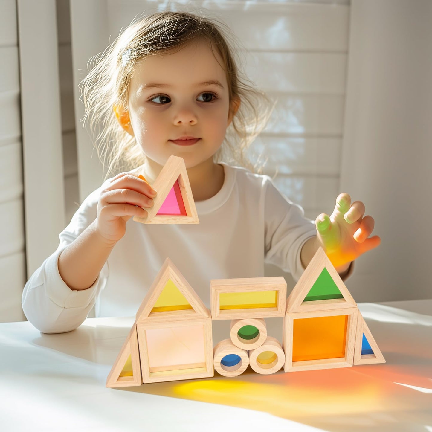 WOODENFUN Wood Building Blocks Set for Kids, 32 Pcs Rainbow Stacker Stacking Game Construction Toys Set Preschool Colorful Learning Educational Toys, Geometry Wooden Blocks for Boys Girls