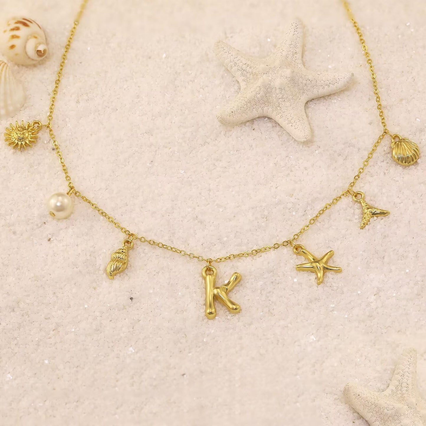 JALZEMPL Initial Charm Necklace For Women Shell Seashell Summer Beach Letter 14K Gold Plated Pendant Starfish Surfer Boho Jewelry Gifts (D)