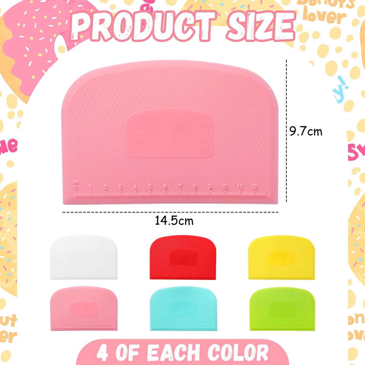 Uiifan 24 Pcs Plastic Bench Scraper with Scale Flexible Dough Multipurpose Cake Cutter Pizza Dough Spatula Food Scraper Tool Gift for Bread Pastry Fondant Icing, 6 Colors