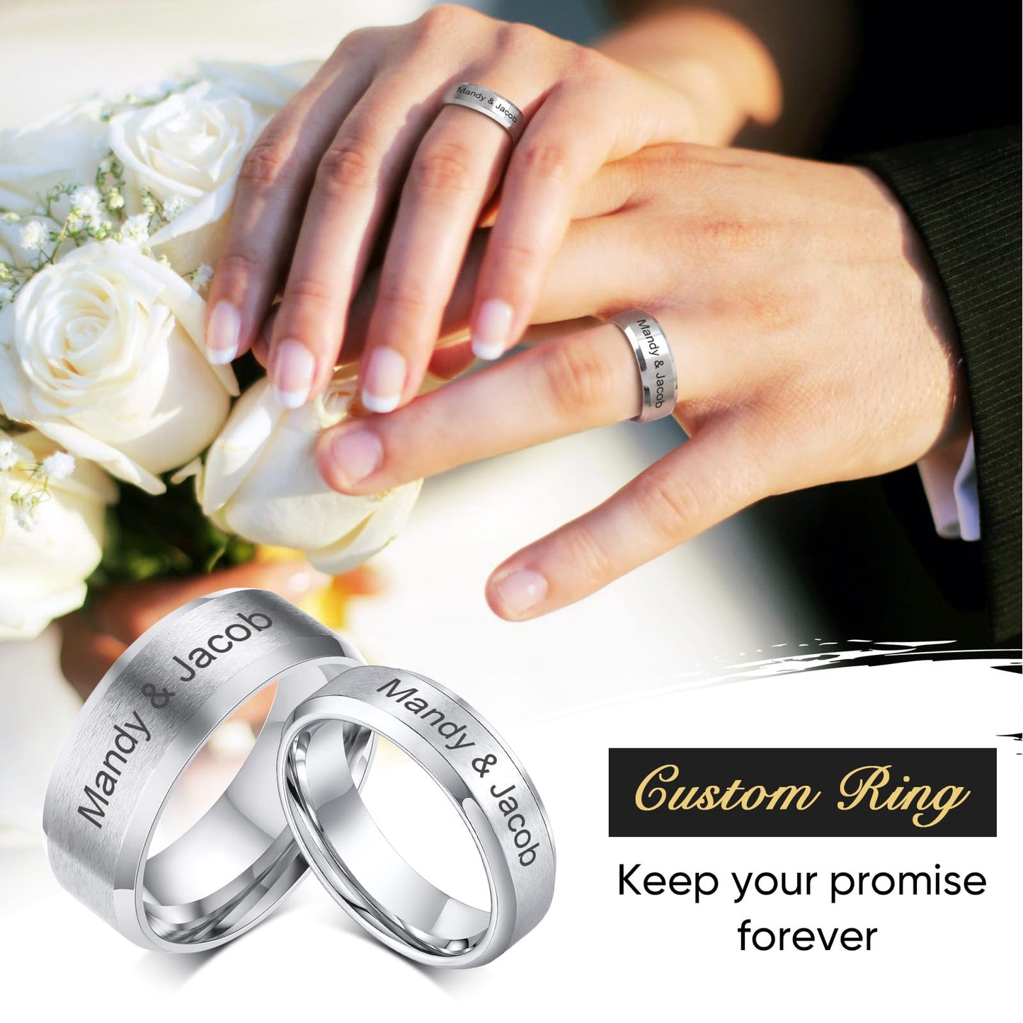 VNOX Customize Personalized Name Date LOVE 8MM Stainless Steel Simple Matte Brushed Finish Wedding Band Engagement Rings for Men Women,Size 10,Silver