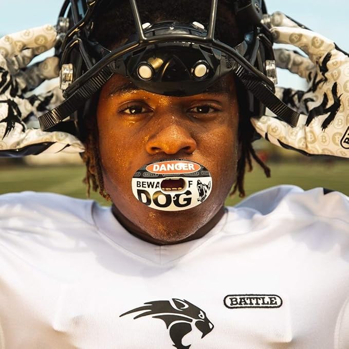 Battle Sports Oxygen Football Mouthguard - Football Mouth Guard with Strap, Superior Airflow & Better Performance, Maximum Breathability, Works with Braces - Beware of Dog/Black