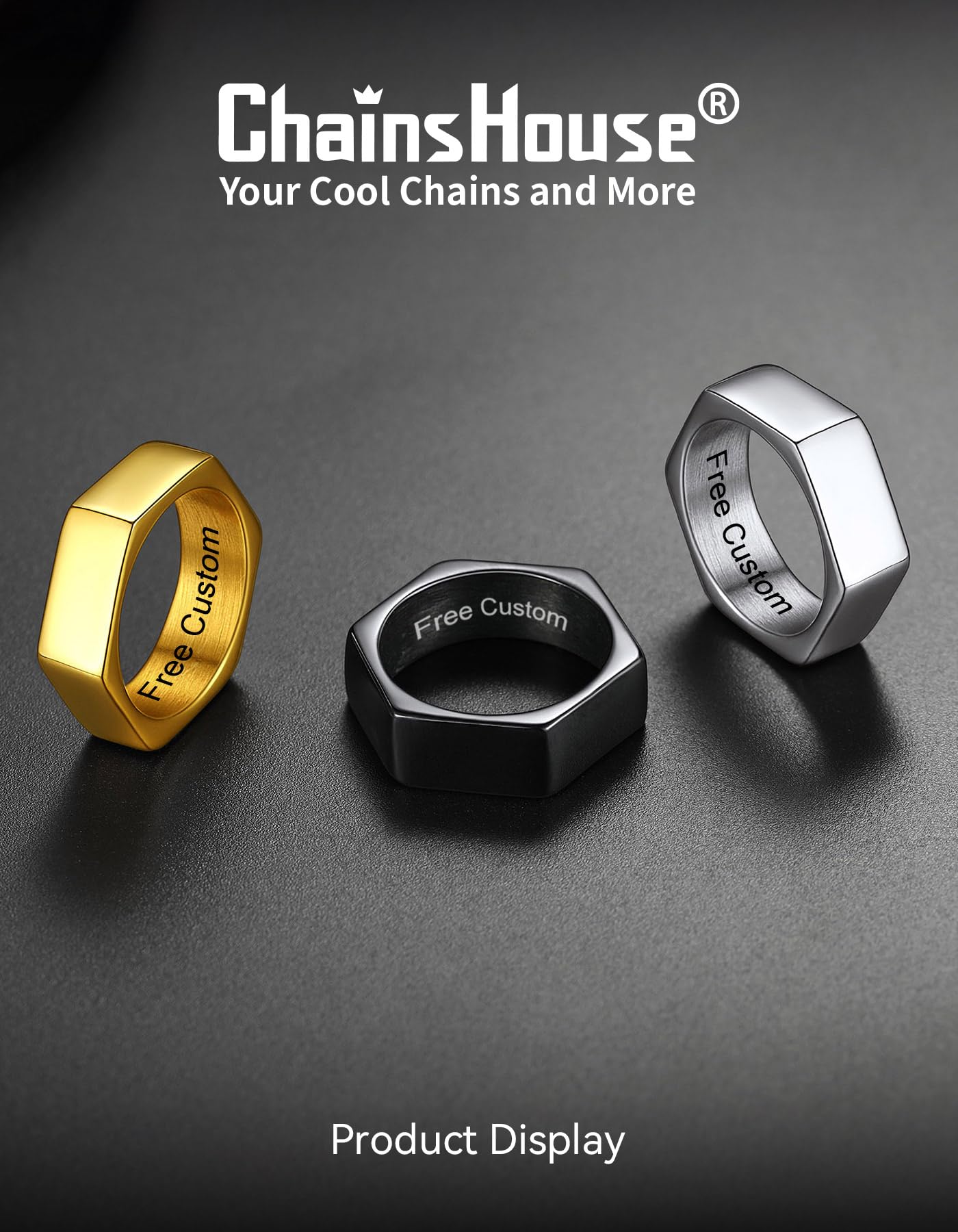 ChainsHouse Hexagon Ring Stainless Steel Geometric Biker Bands Custom Engraved Punk Jewelry for Men Women, Size 14