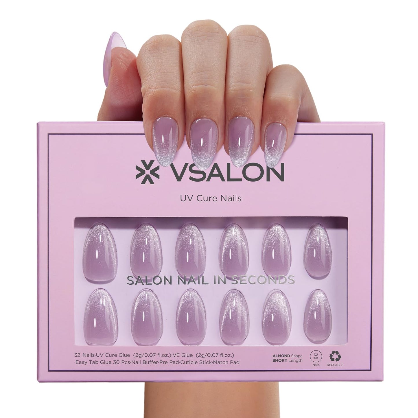 Vsalon Press On Nails Short Almond, Purple Cat Eye French Tip & Blue Cat Eye Chrome Fake Press On Nails Kit