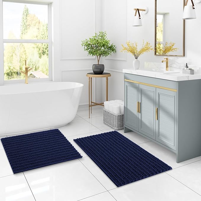 Arotive Luxury Chenille Toilet Rugs U-Shaped, Extra Soft Thick Absorbent Bathroom Mat, Non-Slip Shaggy Plush Contour Rugs, Machine Wash Dry Bath Mat for Toilet Base, 24x20, Navy