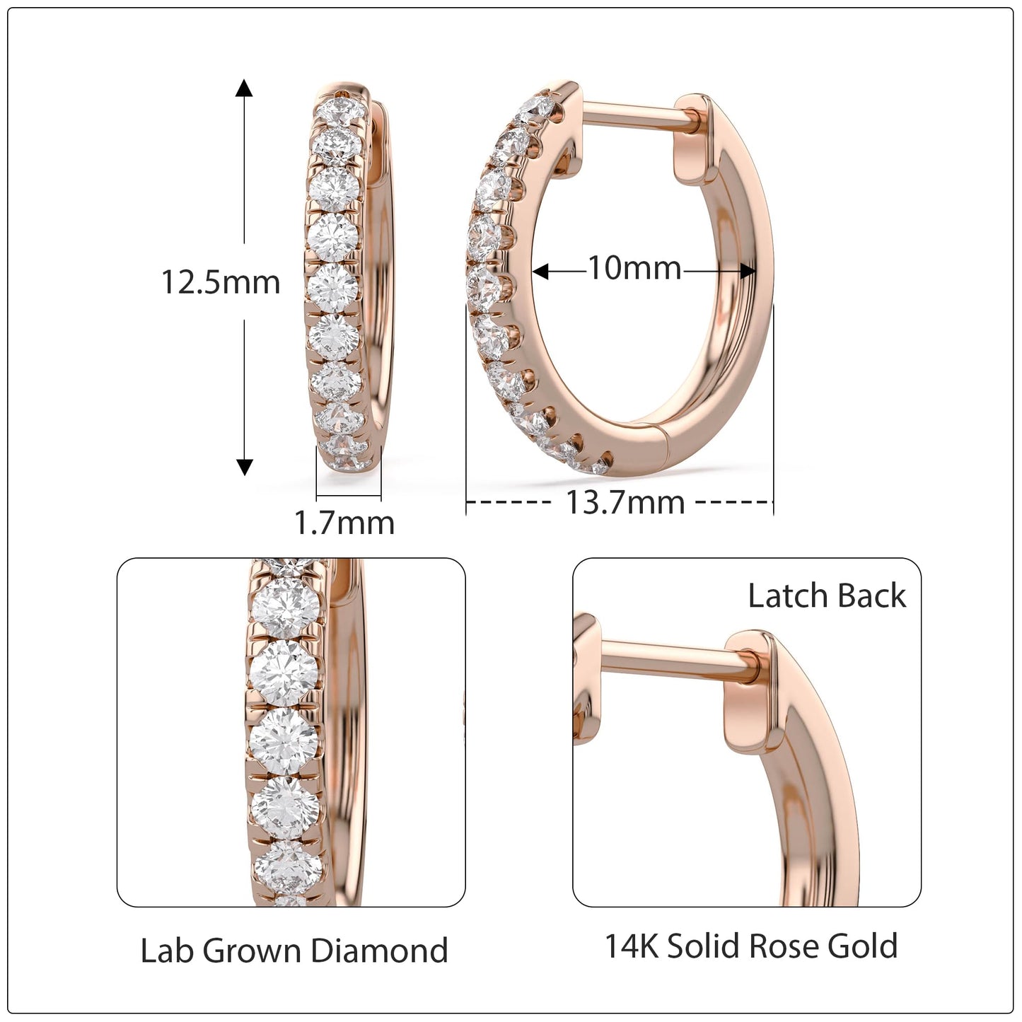 Huggie Hoop Earrings For Women, 1/4 Carat Round Shape Lab Grown Diamond Wedding Bridal Hoop Earrings In 14K Solid Rose Gold Jewelry for Her (0.25 Cttw)