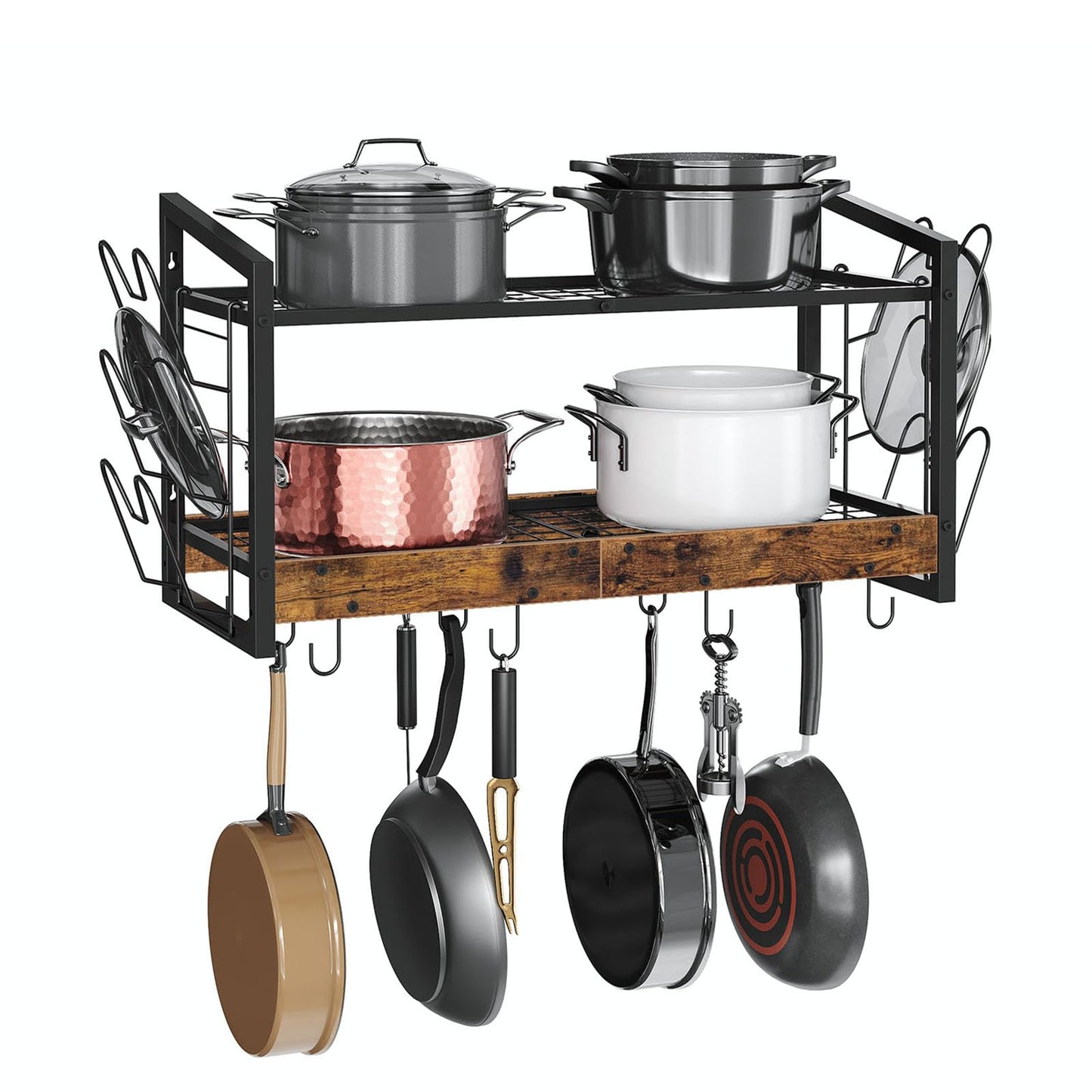 CHOEZON Hanging Pot Rack, Pot Rack Wall Mounted, 2-Tier Kitchen Pot and Lid Organizer, Wall-Mounted Pot Rack with 12 Hooks, for Kitchen Storage of Pots, Pans, Utensils, Rustic Brown TPR02BF