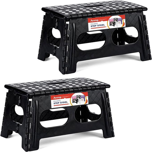 ACSTEP Foldable Step Stool for Kids and Adults,15-Inch Extra Wide 9-Inch Height (2 Pack) More Safe and Comfortable Holds Up to 300 lbs Folding Step Stool for Bathroom, Garden, Kitchen（Black）