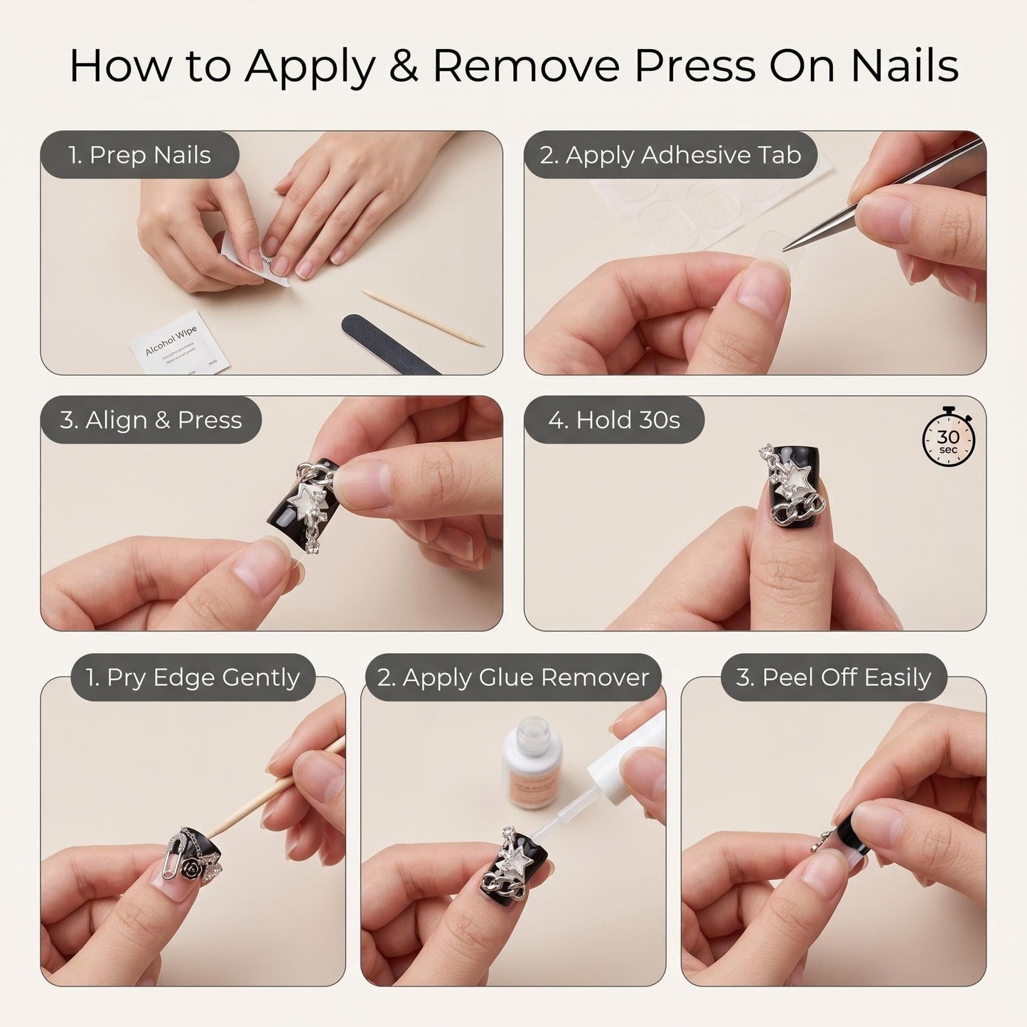 MikaJayboo Almond Press on Nails Medium Handmade Nude Base with Black French Tip Fake Nails with 3D White Flower & Rhinestone for Women Glue on Nails for Daily Party10Pcs(Size M)