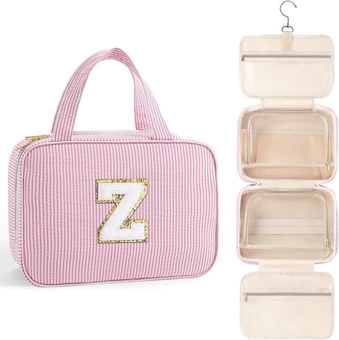 TOPEAST Hanging Toiletry Bag for Women - Travel Toiletry Bag Makeup Bag, Portable Toiletries Travel Bag and Cosmetic Bag Essentials - Letter Z, Pink