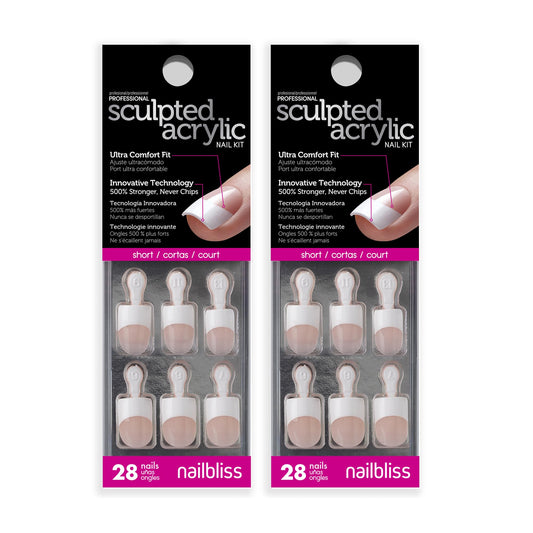 Dashing Diva Sculpted Acrylic French Tip Manicure Bundle - Classic Nude, Short Square - Salon Quality, Easy to Apply, Long-Lasting Press-On Nails - Contains 2 Sets of 28 Glue On Nails