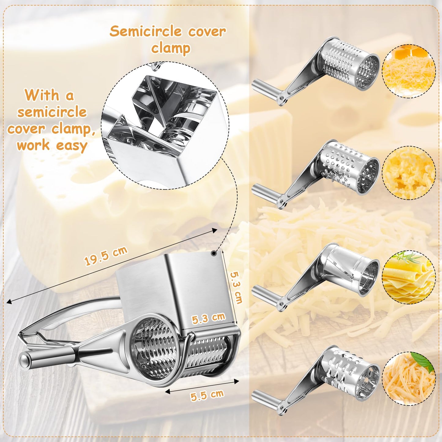 Honoson Rotary Cheese Grater Stainless Steel Handheld Rotary Parmesan Grater Cheese Cutter Slicer Shredder with 4 Stainless Drum for Grating Hard Chocolate Nuts Kitchen Tool