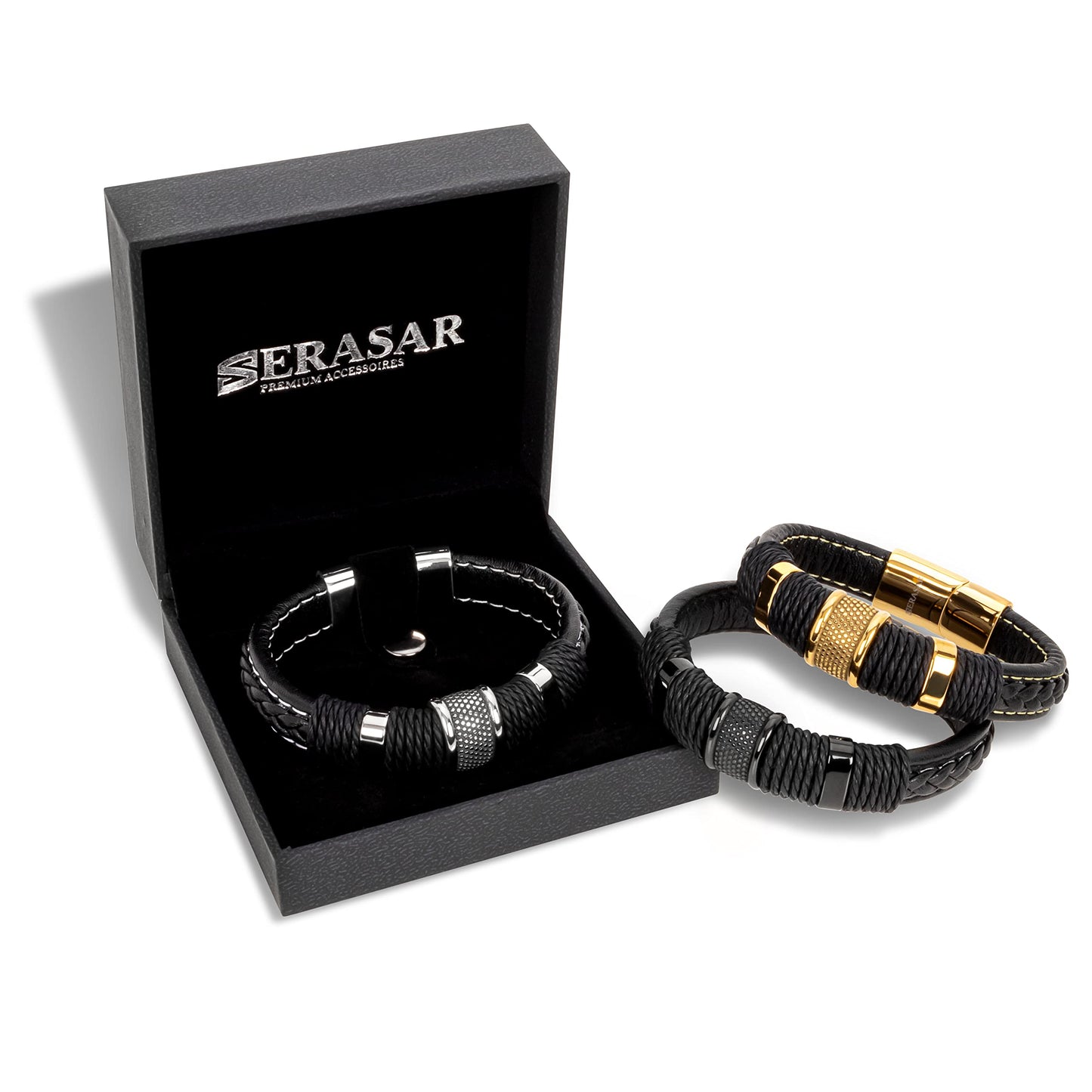 SERASAR Mens Bracelets 20cm Gold Gift Box Genuine Leather Cowhide Braided Adjust Able Magnetic Clasp Multi Layer Wrap Jewellery Rope Man Mans Male Band Jewelry Accessories