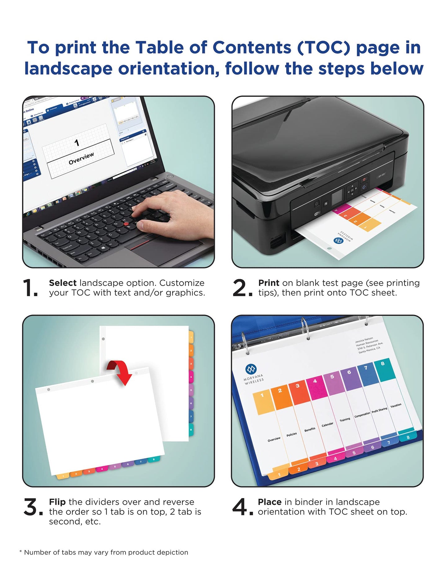 Avery 8 Tab Dividers for 3 Ring Binders, Customizable Table of Contents, Multicolor Tabs, 6 Sets (11186)