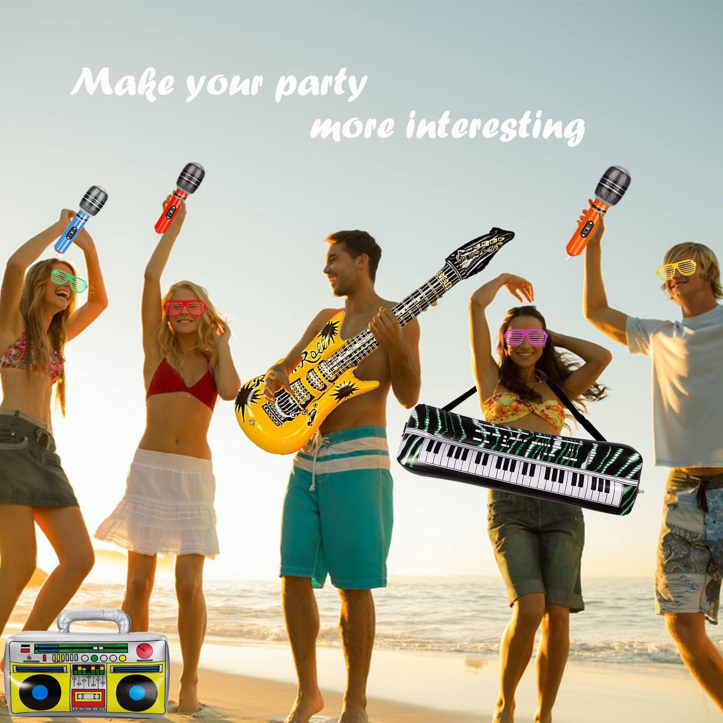smilixin 22 Pack Inflatable Guitar,Blow Up Guitar,Inflatable Rock Star Toy Set,6 Inflatable Guitars,6 Microphones,6 Shutter Shading Glasses,1 Saxophone,1 Inflatable Piano,1 Inflatable Recorder