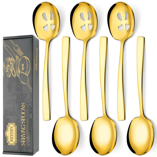 Keyoxy 6 Piece Stainless Steel Serving Spoons Set - 3 Large, 3 Slotted, 9.2-Inch, Dishwasher Safe, for Parties/Kitchen/Buffet/Catering,Gold